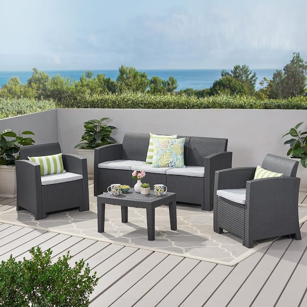Unbranded 4-Piece PE wicker Outdoor chat set, casual Sectional sofa set with coffee table and white Cushions