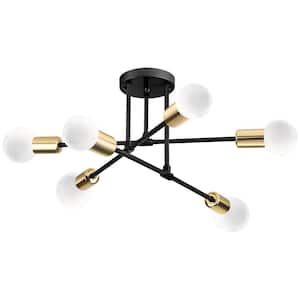 Acad 20.1 in. 6-Light Modern Black and Gold Semi- Flush Mount Ceiling Light with No Bulbs Included