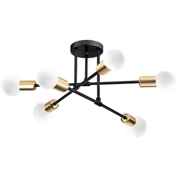 SEEUTEK Acad 20.1 in. 6-Light Modern Black and Gold Semi- Flush Mount Ceiling Light with No Bulbs Included