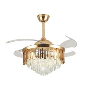 42 in. Integrated LED Indoor Gold Luxury Automatic Retractable Crystal Ceiling Fan with Remote