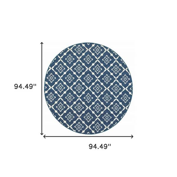 Blue, Ivory 8 ft. x 8 ft. Loomed Floral Polypropylene Round Indoor/Outdoor Area Rug