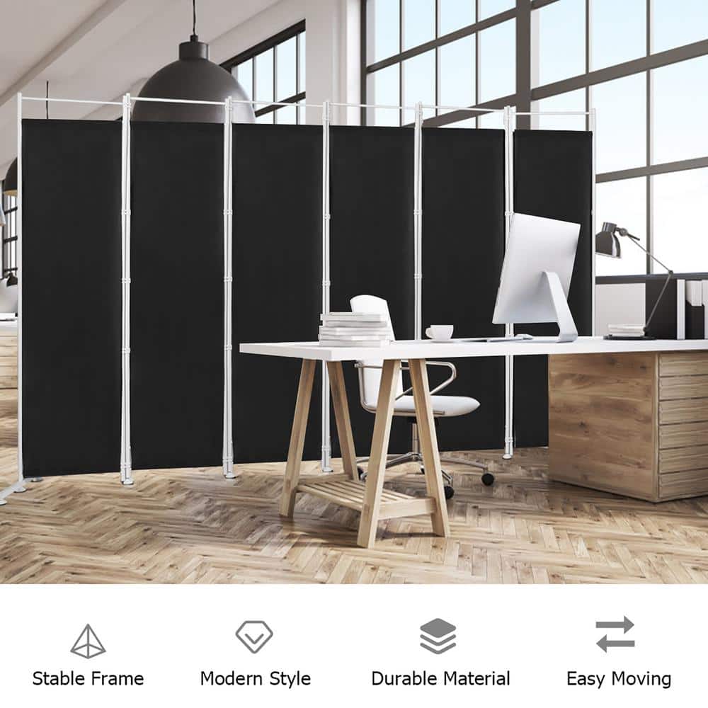 Black room divider in an office setting with feature icons.