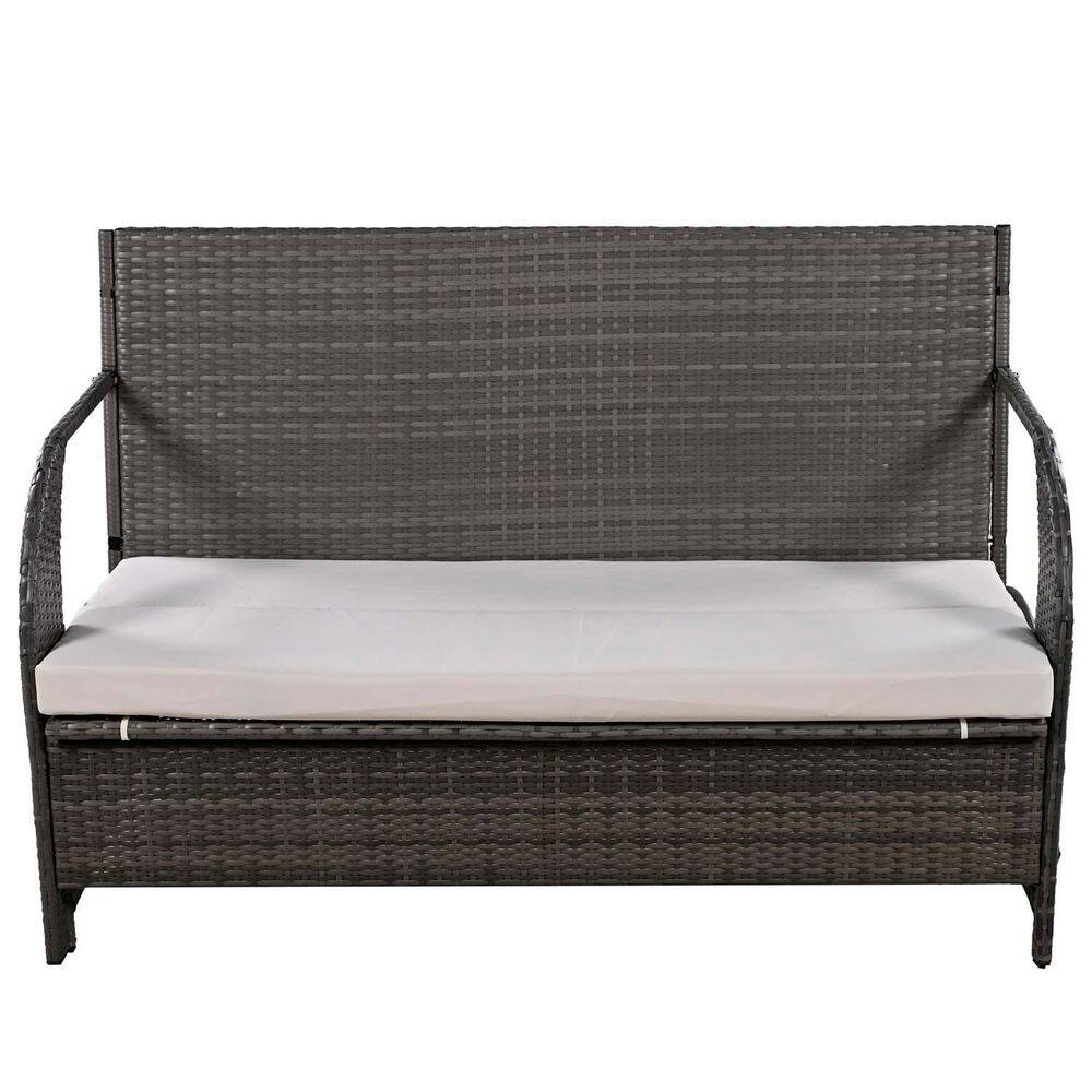 Gray Metal Outdoor Loveseat with Beige Cushions, Versatile Outdoor Loveseat