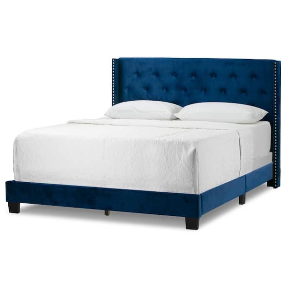 Glamour Home Asali Navy Blue Velvet Queen Bed with Button Tufting and Nail Headed Wings
