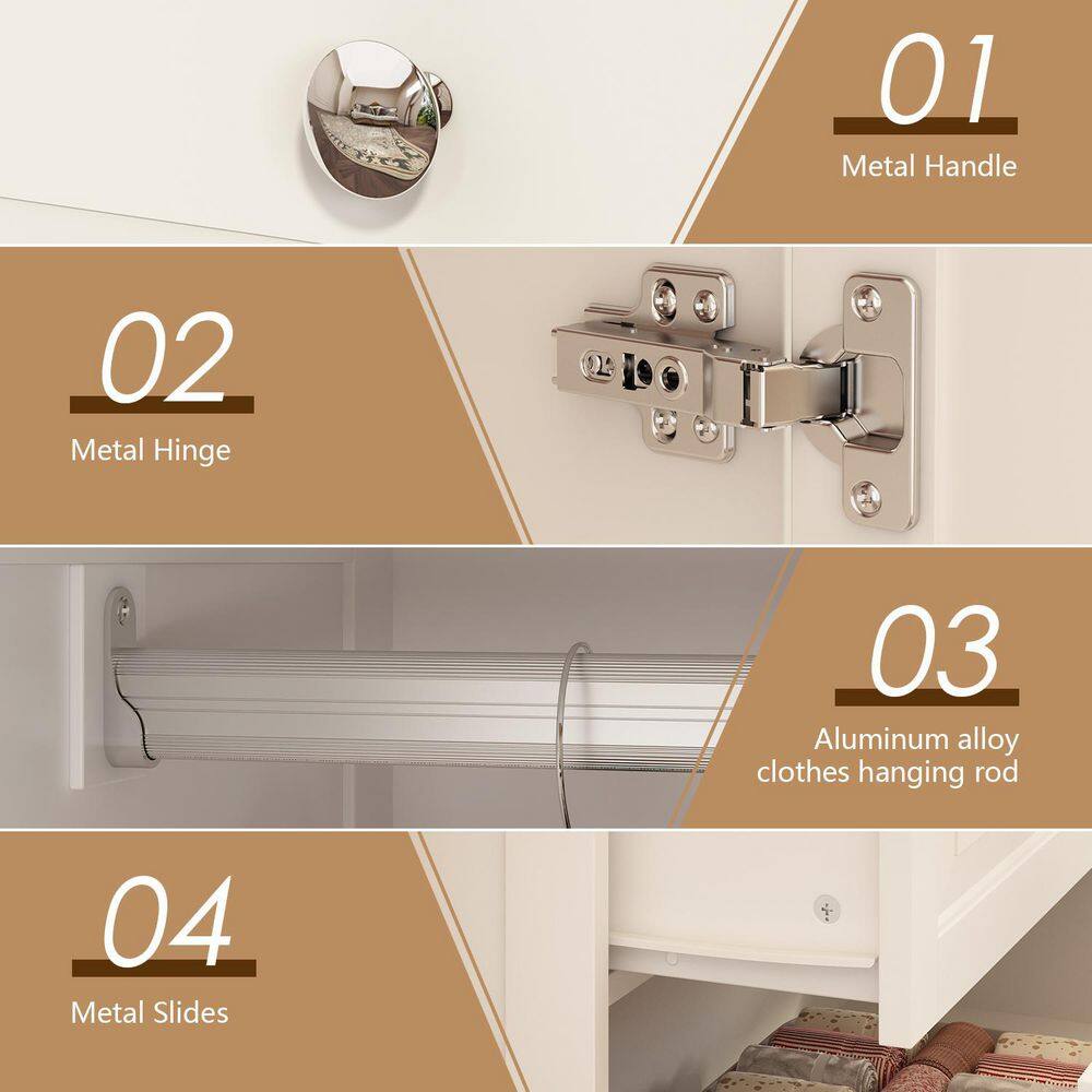 White Paint Big Wardrobe Armoires W/Mirror, Hanging Rod, Drawers, Adjustable Shelves 70.9 in. H x 47.2 in. W x 20 in. D - thumbnail 10