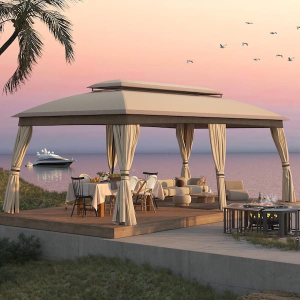 Unbranded 20 ft. x 10 ft. Outdoor Patio Double Vented Roof Gazebo with Mosquito Netting and Beige Curtains