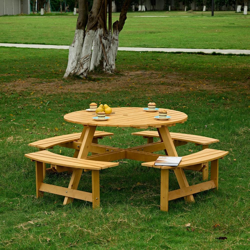 maocao hoom 70 in. Natural Light Brown wood 8-Person Round Wooden Outdoor Picnic Table with 4 Built-in Benches and Umbrella Hole