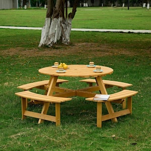 70 in. Natural Light Brown wood 8-Person Round Wooden Outdoor Picnic Table with 4 Built-in Benches and Umbrella Hole