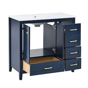 36 in. Freestanding Bath Vanity Cabinet in Blue with White Single Resin Sink, 4-Drawers and 2 Soft-Close Doors