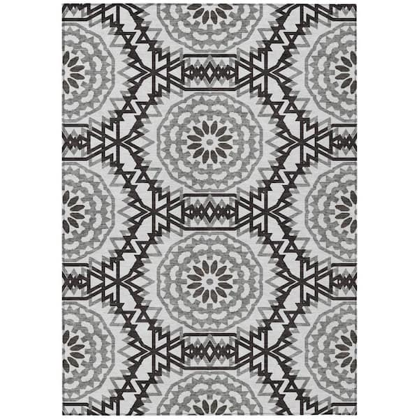 White, Black, Gray 10 ft. x 14 ft. Woven Floral, Medallion Polyester Rectangle Indoor/Outdoor Area Rug