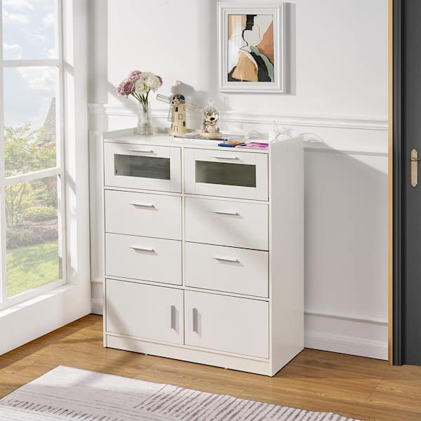 VECELO White 6-Drawers 15.7 in. Dresser with Adjustable LED Lights, Tabletop with Charge Station, for Entryway Living Room