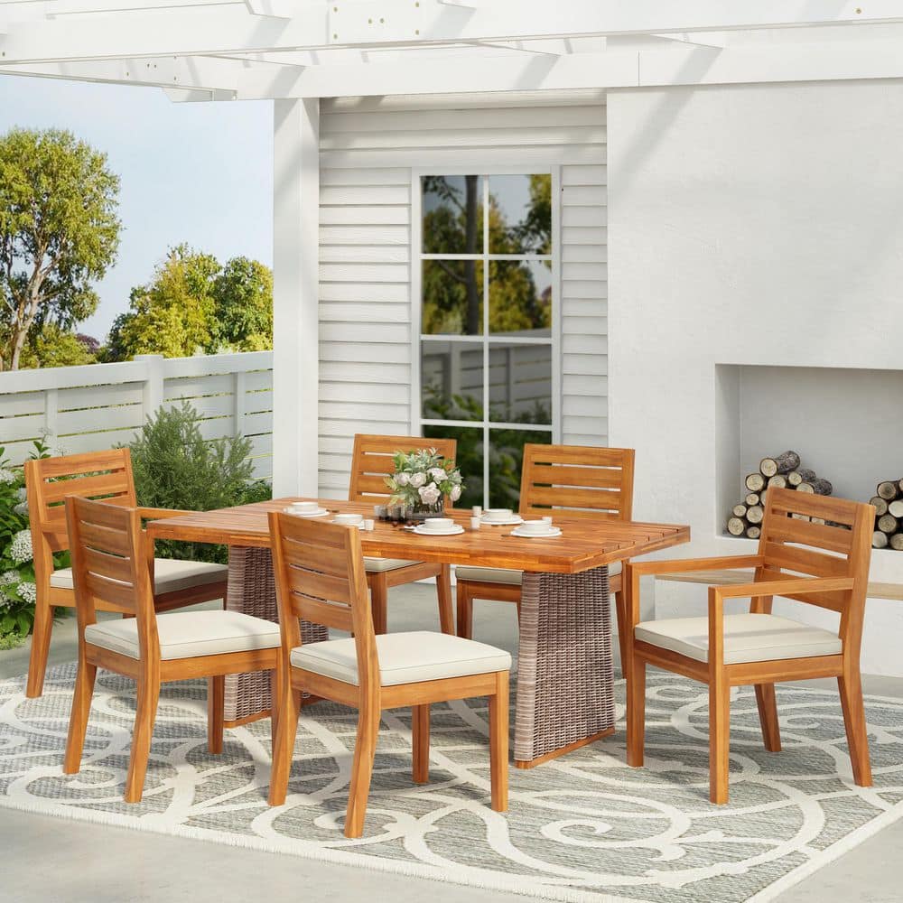 Seth 7-Piece Sandblast Solid Wood Patio Outdoor Dining Set with Beige Cushions, Teak Finish+Brown Wicker