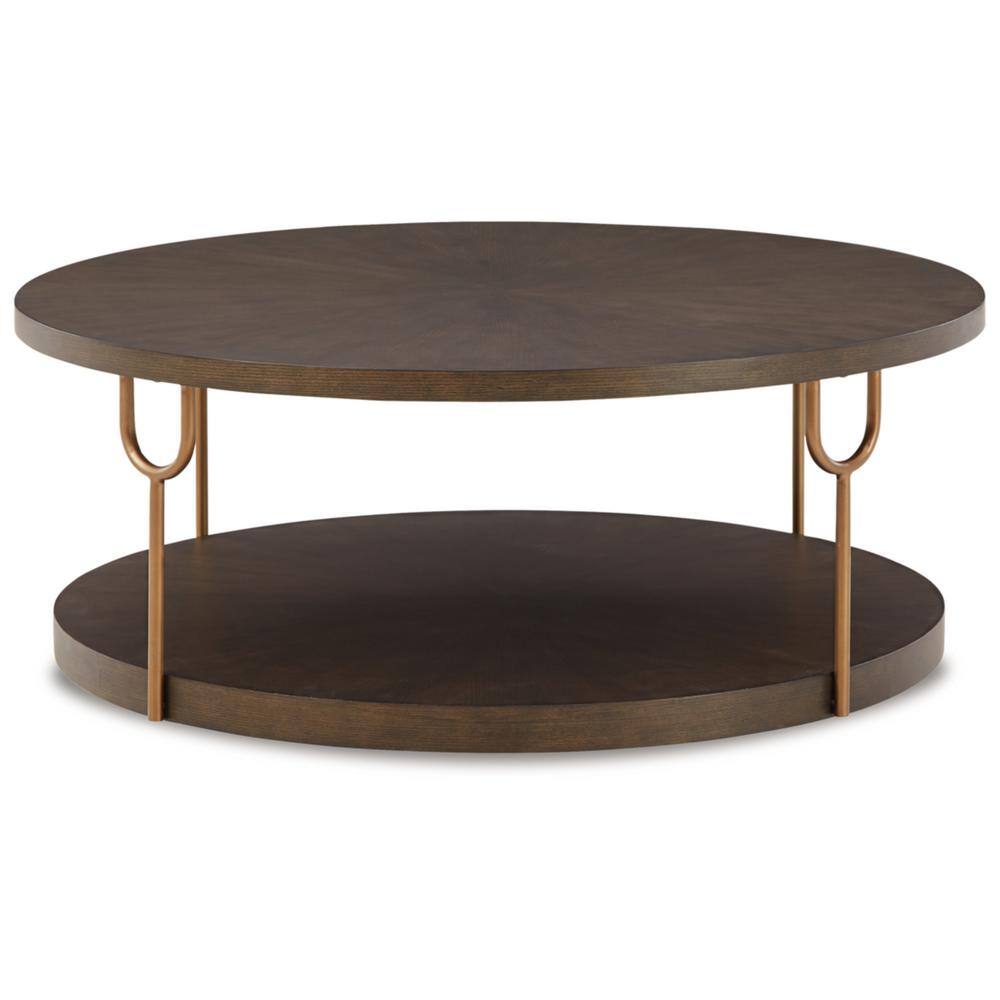 Brazburn 42 In. Brown/Gold Round Wood Coffee Table with 1 Shelf