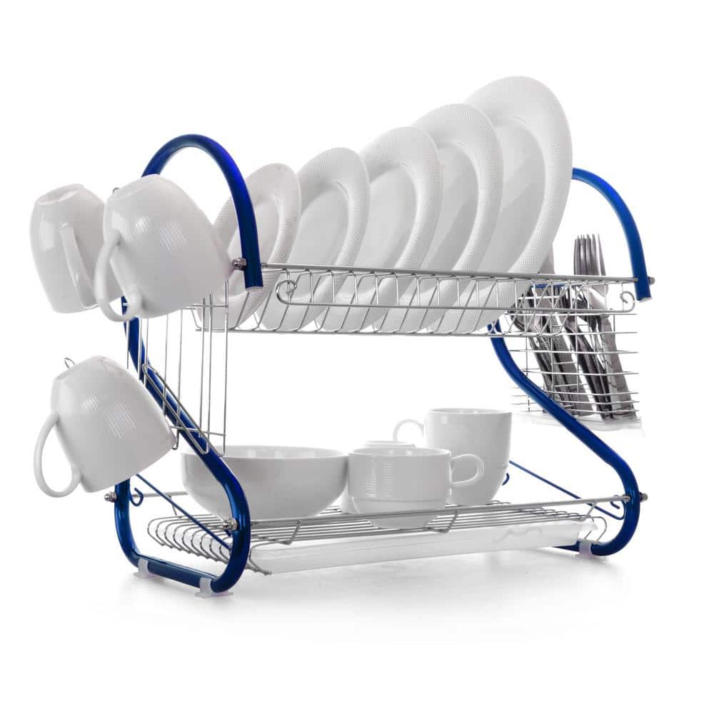 2 Tier Plastic Kitchen Dish Drying Rack with Lid Cover - Blue+White