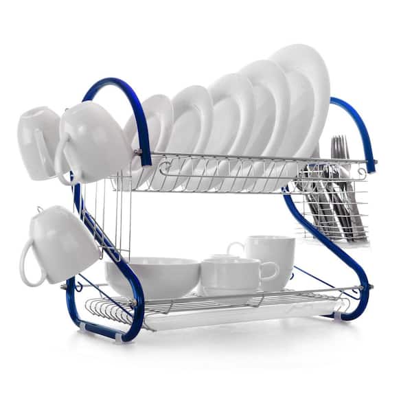 MegaChef 16 in. 2-Tier Blue Chrome Plated Standing Dish Rack