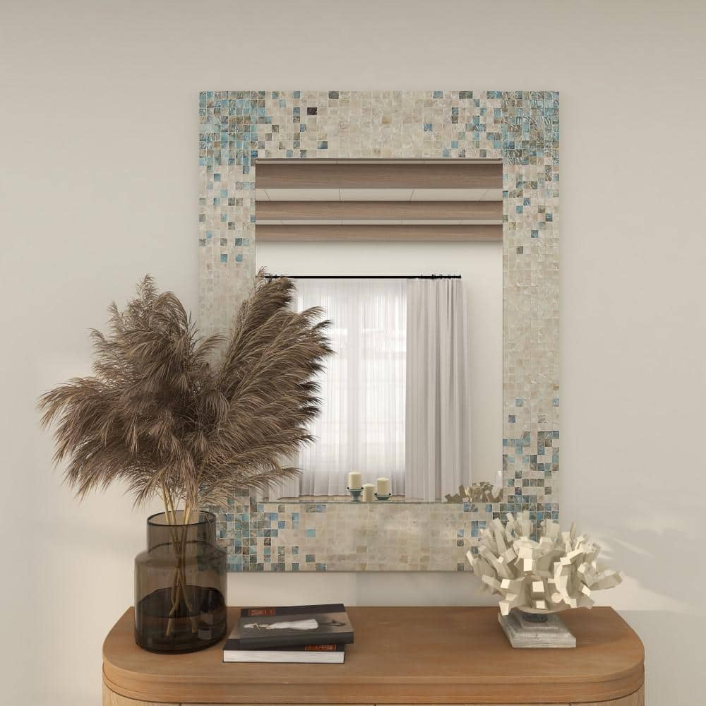 Coastal Cream Rectangular Wall Mirror with Blue Mosaic Corners