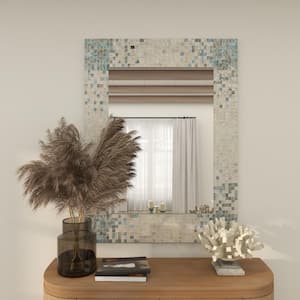 36 in. x 48 in. Handmade Mosaic Rectangle Framed Cream Wall Mirror with Blue Corners
