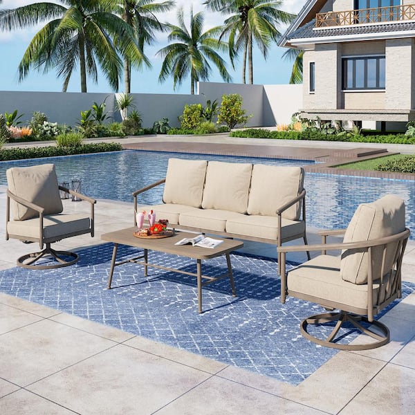 PHI VILLA Brown 4-Piece 5-Seat Metal Outdoor Patio Conversation Sectional Seating Set with Swivel Sofa Chairs and Beige Cushions