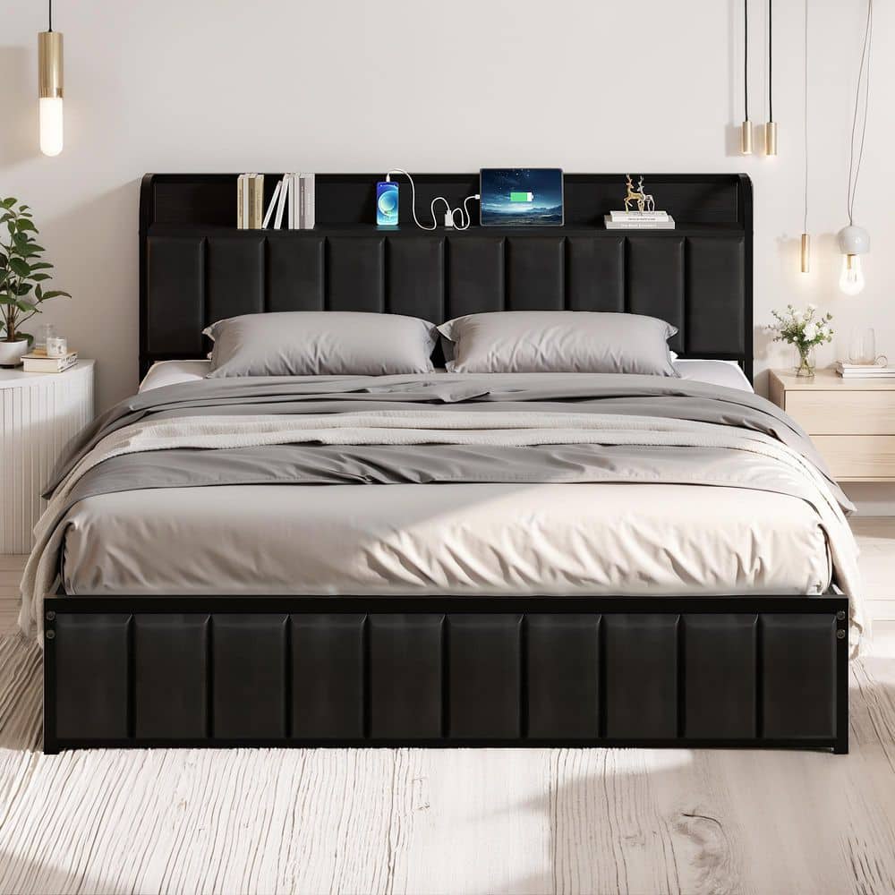 Full Bed Frame, Black Metal Frame Platform Bed Upholstered Headboard with Storage Charging Station, Sturdy Metal Slats