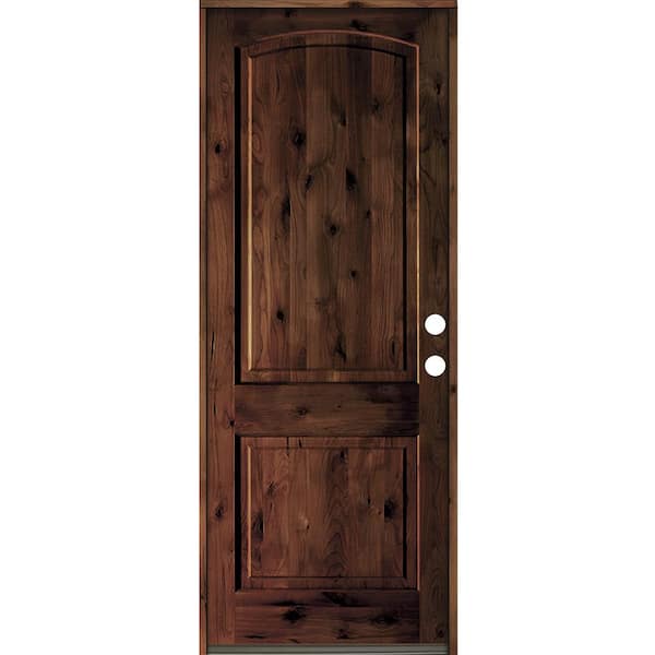 Krosswood Doors 30 in. x 96 in. Rustic Knotty Alder Arch Top Red Mahogony Stain Left-Hand Inswing Wood Single Prehung Front Door