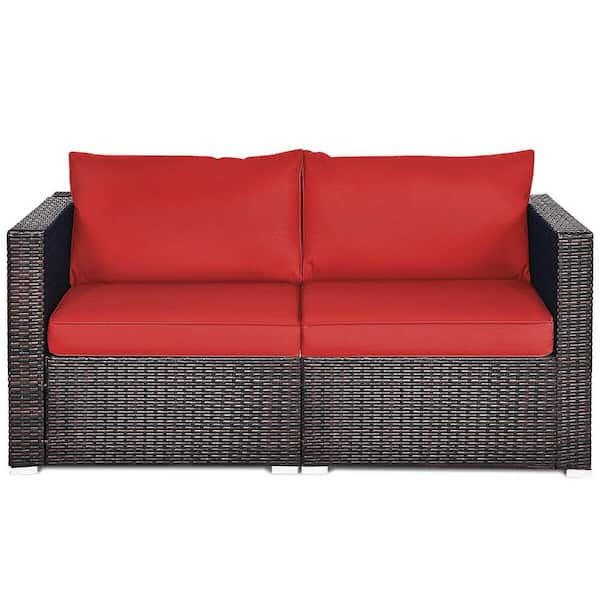 FORCLOVER 2-Pieces Rattan Sectional Patio Conversation Sofa Set with Red Cushions