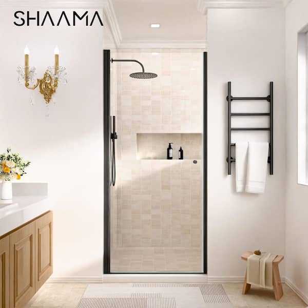 29 to 30 in. W x 72 in. H Space Saving Pivot Semi-Frameless Swing Shower Door in Black Finish with Clear Tempered Glass