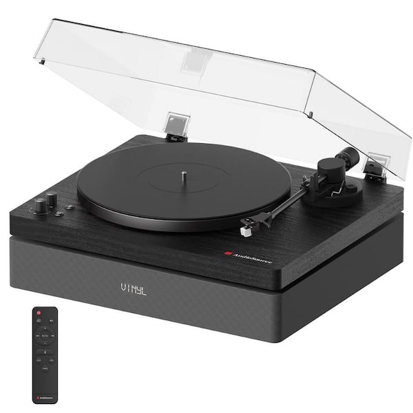 All-in-One Vinyl Record Player Turntable, Bluetooth 5.4, 120W 2.1 Channel, Hi-Fi 2-Speed Belt Drive, Black Woodgrain