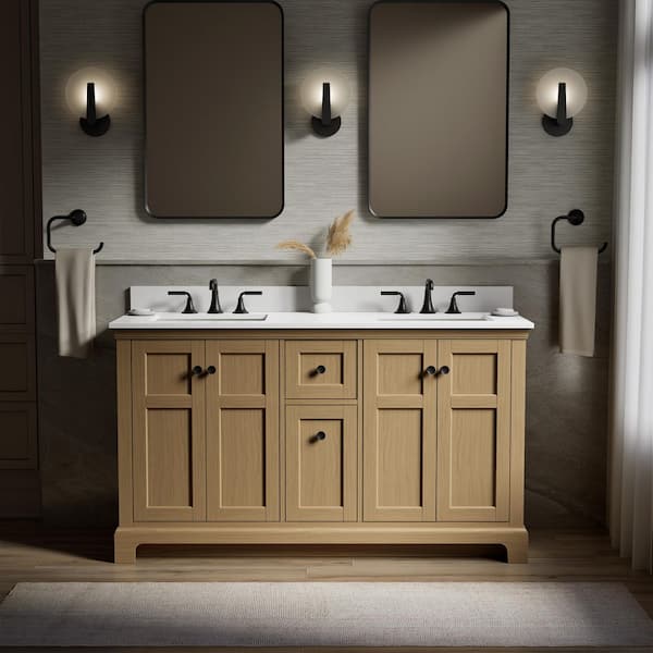 Baskin 60 in. Double Sink Light Oak Bath Vanity with Bianco Bella Quartz Top