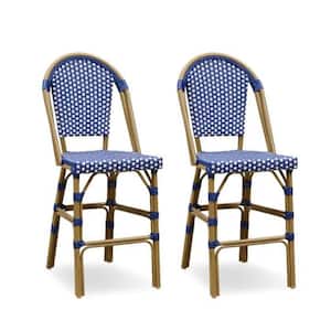 French Wicker Stackable Counter Height Outdoor Bar Stools in Dark Blue (2-Pack)