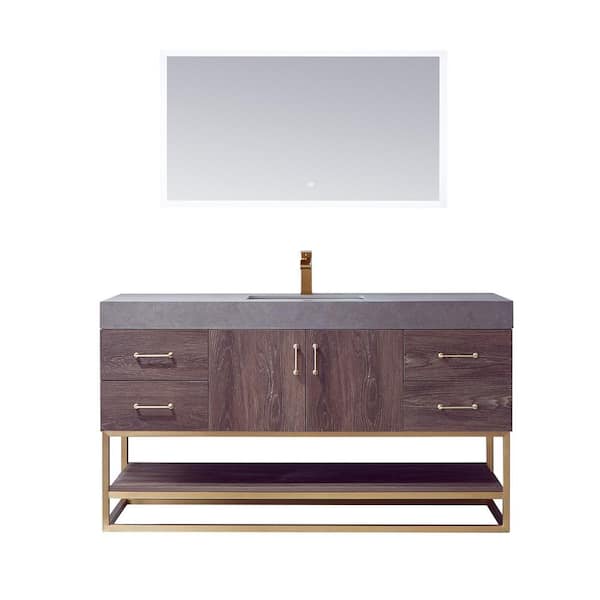 ROSWELL 60 in. W x 22 in. D x 34 in. H Single Sink Bath Vanity in N. Carolina Oak with Grey Sintered Stone Top and Mirror