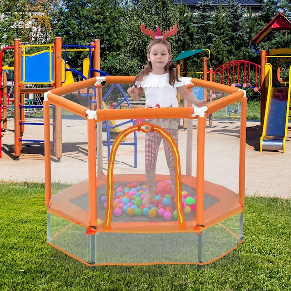 55 in. Outdoor Park Orange Kids Mini Trampoline with Safety Enclosure and Ocean Balls