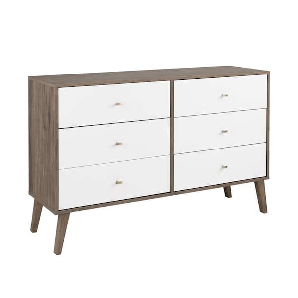 Prepac Milo Mid Century Modern 6 Drawer, Small White Modern Dresser