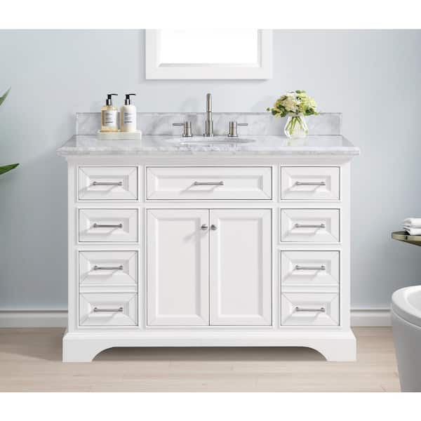 Home Decorators Collection Windlowe 49 in. W x 22 in. D x 35 in. H Freestanding Bath Vanity in White with Carrara White Marble Top