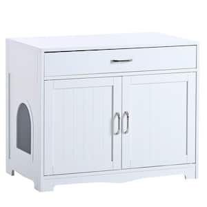 31.5 in. W x 20 in. D x 25.9 in. H White Linen Cabinet with Hidden Plug, 2 Doors and Drawer
