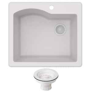 Quarza 25 in. Granite Undermount/Drop-In Single Bowl Kitchen Sink and Strainer White