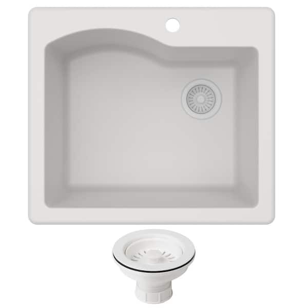 KRAUS Quarza 25 in Drop-in/Undermount Single Bowl White Granite Composite Kitchen Sink with White Strainer