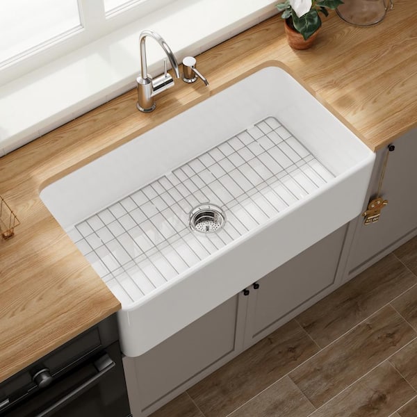 Kuomih White Fireclay 33 in. Single Bowl Farmhouse Apron Kitchen