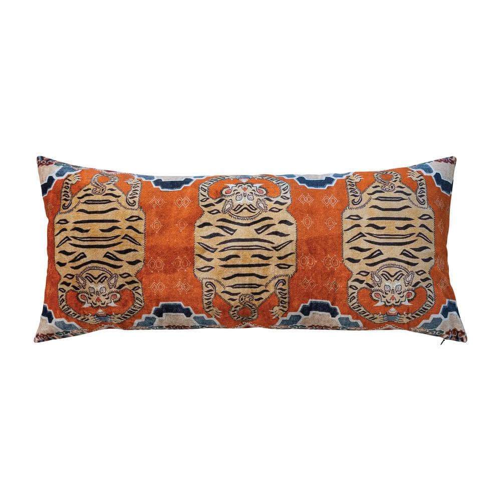 Tibetan Tiger Orange Cotton Velvet Lumbar Pillow