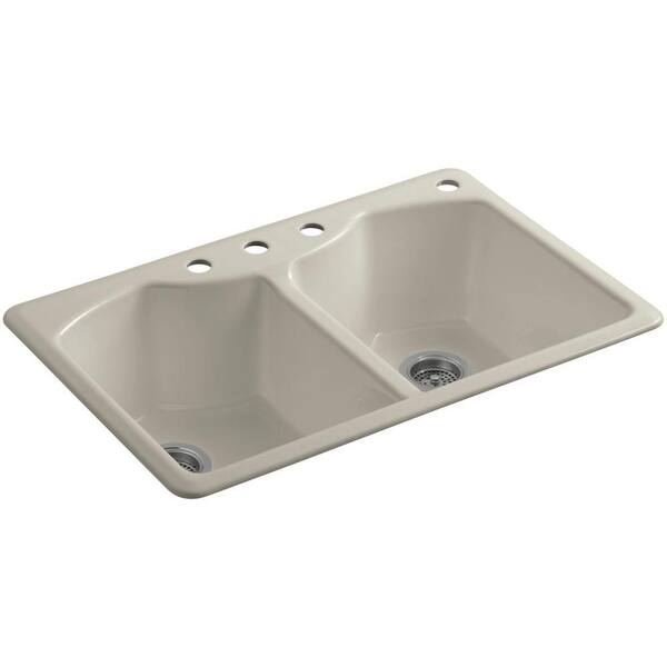 KOHLER Bellegrove Drop-In Cast-Iron 33 in. 4-Hole Double Bowl Kitchen Sink with Accessories in Sandbar