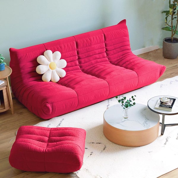 Magic Home 2-Piece Lazy Sofa Teddy Velvet Living Room Set with 3 Seater and Ottoman,Red