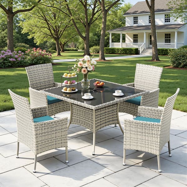 5-Piece Gray Wicker Outdoor Dining Set with Turquoise Cushions