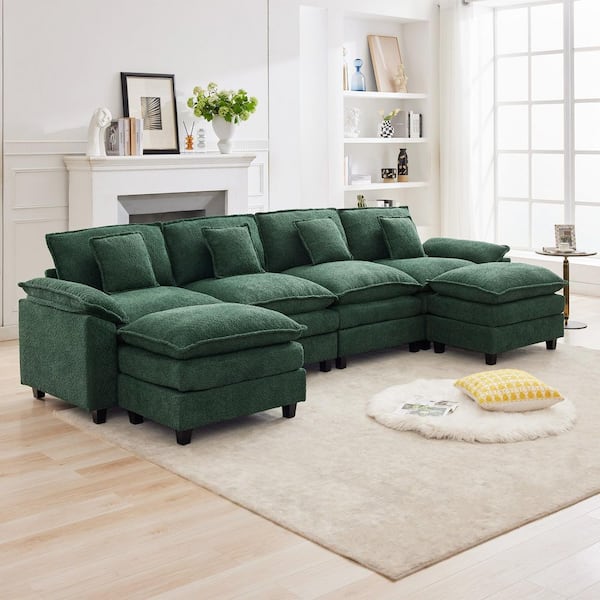 JEAREY Avocado Green 136.6 in. Chenille Fabric 6-Seat Pillow Top