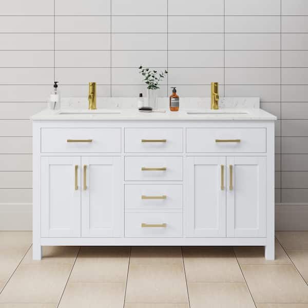 Wyndham Collection Beckett 60 in. W x 22 in. D x 35 in. H Double Sink Bath Vanity in White with Carrara Cultured Marble Top