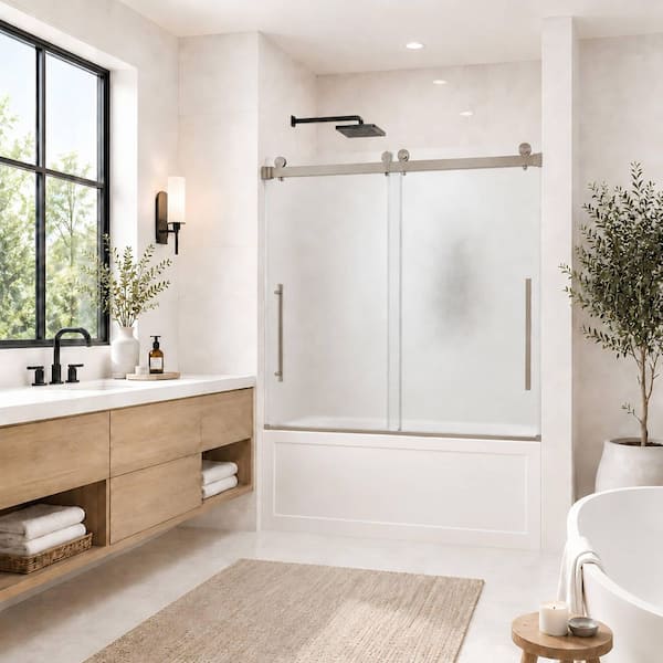 56-60 in. W x 58 in. H Double Sliding Frameless Tub Shower Door in Brushed Nickel with Nano-Coated Frosted Glass