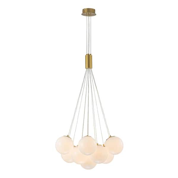 13 Light Brass Mid Century Modern Globe Bubble Chandelier Light Fixture for Bedroom With Milky Glass, No Bulb Included