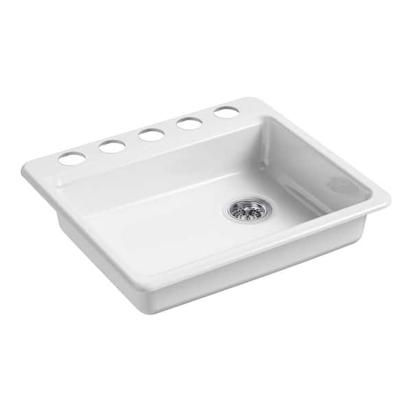 KOHLER Riverby Undermount Cast Iron 25 in. 5-Hole Single Bowl Basin Kitchen Sink in White