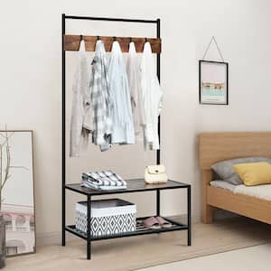 Coffee 3-in-1 Industrial Coat Rack with 2-tier Storage Bench and 5 Hooks