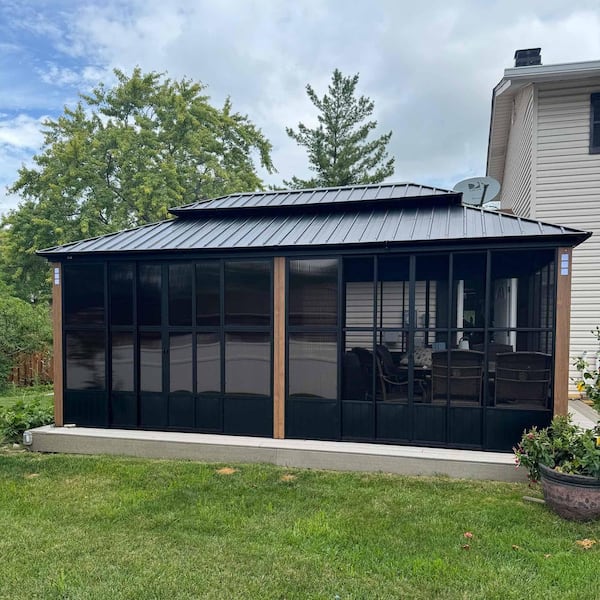 12ft. x 20ft. Wood Grain Column Sunroom Hardtop Gazebo Solarium Galvanized Steel Double Roof Patio Aluminum Screen House
