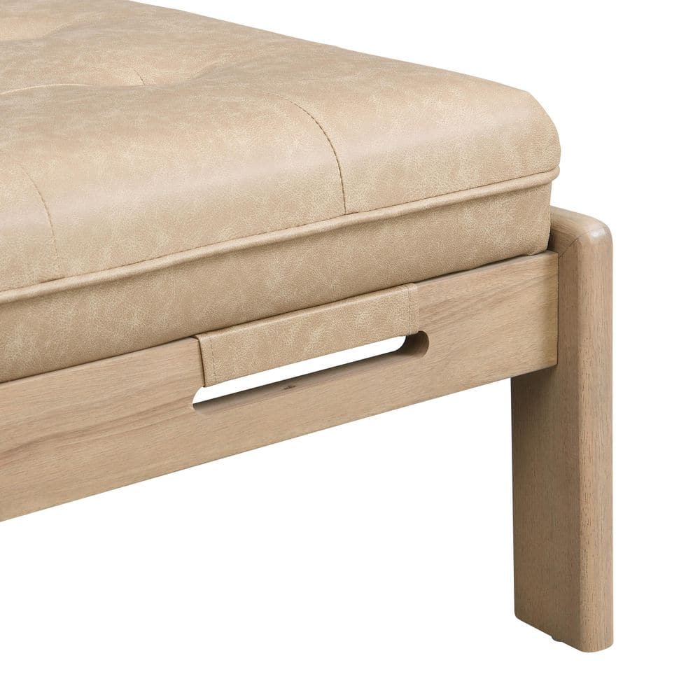 Taupe Brown Faux Leather Tufted Cocktail Ottoman with Rubberwood Base