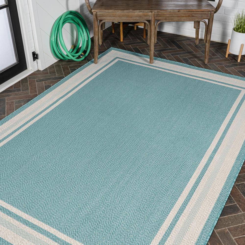 Aqua and Beige 3' x 5' Modern Stripe Synthetic Indoor/Outdoor Rug